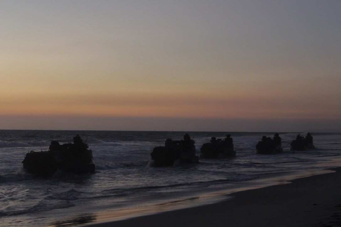 Tracks from Team 6 roll back after a training event aboard Del Mar, Camp Pendleton. 