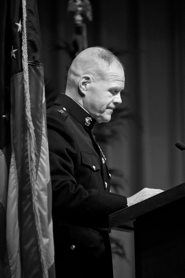 Commandant of the Marine Corps Gen. Robert B. Neller speaks during an award ceremony at Tallahassee, Fla., March 18, 2016. Neller presented retired U.S. Marine Lt. Gen. Lawrence F. Snowden, an Iwo Jima veteran, with the Department of Defense Medal for Distinguished Public Service and Navy Distinguished Public Service Award. (U.S. Marine Corps photo illustration by Staff Sgt. Gabriela Garcia/Released)