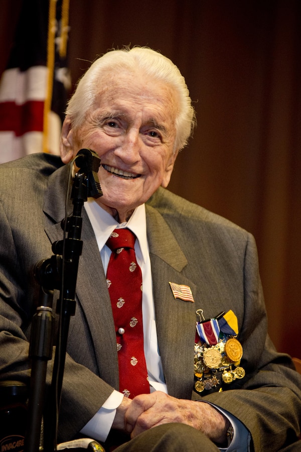 Retired U.S. Marine Lt. Gen. Lawrence F. Snowden, an Iwo Jima veteran, speaks during his award ceremony at Tallahassee, Fla., March 18, 2016. Commandant of the Marine Corps Gen. Robert B. Neller presented Snowden with the Department of Defense Medal for Distinguished Public Service and Navy Distinguished Public Service Award. (U.S. Marine Corps photo by Staff Sgt. Gabriela Garcia/Released)