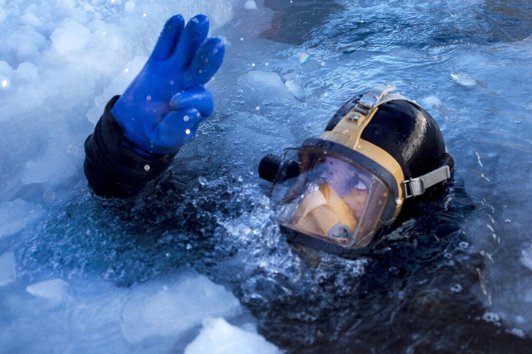 Coast Guard Petty Officer 2nd Class Garett Brada gives the OK sign before performing an ice dive during Ice Exercise 2016 at Ice Camp Sargo, Arctic Circle, March 10, 2016. Brada is a diver assigned to Regional Diver Locker West. Navy photo by Petty Officer 2nd Class Tyler N. Thompson