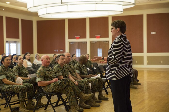 Nancy Brooks, vice president of procurement for Best Buy, shares her experience in networking and leadership with participants during a Lean In Circles event at Camp Lejeune, N.C., March 16, 2016. The event was open to Marines, sailors, and civilian personnel through II Marine Expeditionary Force, and was attended by Maj. Gen. Walter L. Miller, Jr., the II MEF commanding general. In Sept. 2015, Secretary of Defense Ash Carter announced a partnership with LeanIn.Org, founded by Facebook Chief Operating Officer Sheryl Sandberg, as a tool for mentorship. (U.S. Marine Corps photo by Cpl. Fatmeh Saad/ Released)