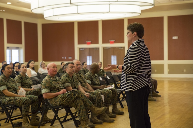 Nancy Brooks, vice president of procurement for Best Buy, shares her experience in networking and leadership with participants during a Lean In Circles event at Camp Lejeune, N.C., March 16, 2016. The event was open to Marines, sailors, and civilian personnel through II Marine Expeditionary Force, and was attended by Maj. Gen. Walter L. Miller, Jr., the II MEF commanding general. In Sept. 2015, Secretary of Defense Ash Carter announced a partnership with LeanIn.Org, founded by Facebook Chief Operating Officer Sheryl Sandberg, as a tool for mentorship. (U.S. Marine Corps photo by Cpl. Fatmeh Saad/ Released)