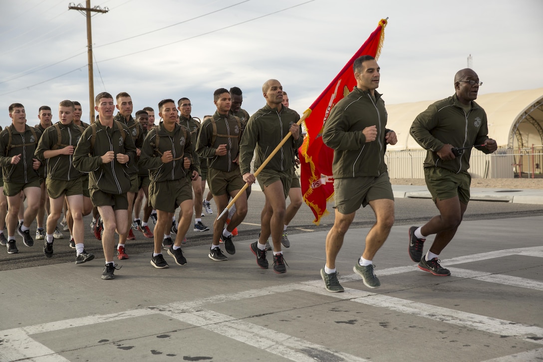 Lt. Col. Speros C. Koumparakis, commanding officer, Communication Training Battalion, Marine Corps Communication-Electronics School, participates in the battalion’s three-mile motivational run in honor of the battalion’s anniversary aboard the Combat Center March 11, 2016. The battalion, activated March 12, 2015, brought the training of enlisted and commissioned communication Marines under one command. (Official Marine Corps photo by Lance Cpl. Levi Schultz/Released)