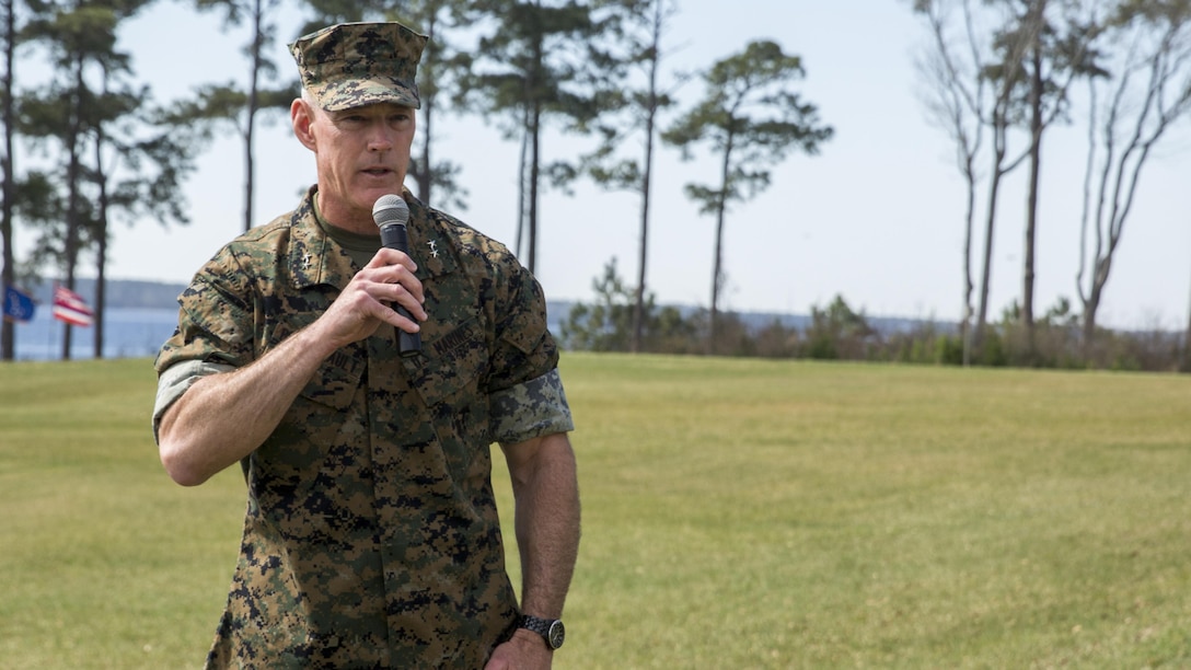 Maj. Gen. Brian Beaudreault, commanding general of 2nd Marine Division, speaks during a Silver Star ceremony for Sgt. Matthew Parker (ret.) at Marine Corps Base Camp Lejeune, North Carolina, March 18, 2016. Parker was awarded the Silver Star for his courageous actions during Operation Enduring Freedom in 2011, where he assumed control of his platoon during a firefight after several leaders had been injured.