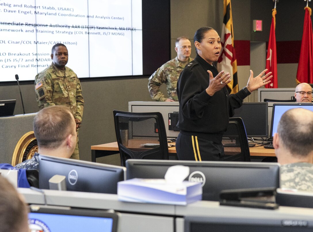 Maj. Gen. Linda Singh, adjutant general of Maryland, gives a presentation brief during a meeting with the 200th Military Police Command, and other senior military leaders from Maryland-based commands to discuss proactive ways they can jointly prepare for the Defense Support of Civil Authorities (DSCA) events at a military facility in Reisterstown, Maryland, March 13. Among those present were Maj. Gen. Phillip Churn, commanding general of the 200th MP Cmd., Col. Irene Zoppi, deputy commander of the 200th MP Cmd., and Maj. Gen. Brian Harris, commanding general of Joint Task Force 51 from U.S. Army North (Fifth Army). Some key topics discussed were state-by-state capabilities, command post, identification of DSCA units and funding for DSCA training.  (U.S. Army photo by Maj. Levar Armstrong)