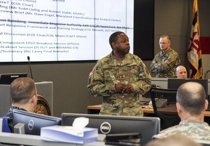 Maj. Gen. Phillip Churn, commanding general of the 200th Military Police Command, gives an information brief on his command's capabilities during a meeting with senior military leaders from Maryland-based commands to discuss proactive ways to jointly prepare for the Defense Support of Civil Authorities (DSCA) events at a military facility in Reisterstown, Maryland, March 13. Among those present were Maj. Gen. Linda Singh, adjutant general of Maryland, Maj. Gen. Brian Harris, commanding general of Joint Task Force 51 from U.S. Army North (Fifth Army), and Col. Irene Zoppi, deputy commander for the 200th MP Cmd. Some key topics discussed were state-by-state capabilities, command post, identification of DSCA units and funding for DSCA training.  (U.S. Army photo by Maj. Levar Armstrong)