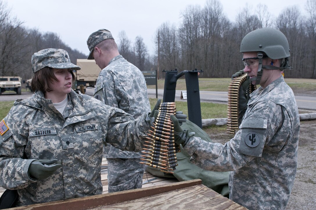 Office supplies - U.S Army Reserve Spc. Courtney Sattle (left), an information technology specialist with the 206th Regional Support Group, and a resident of Oquawka, Ill., hands ammunition to a U.S. Army Reserve Soldier ready for familiarization fire during the 478th Engineer Battalion's crew-served weapons qualification and field training exercise, March 10 to 13 at Fort Knox, Ky. (U.S. Army photo by Staff Sgt. Debralee Best)