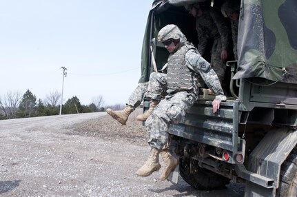 Dropping the kids off at school - U.S. Army Reserve Soldiers with the 450th Engineer Company, return from demolition activities during the 478th Engineer Battalion's crew-served weapons qualification and field training exercise, March 10 to 13 at Fort Knox, Ky. (U.S. Army photo by Staff Sgt. Debralee Best)