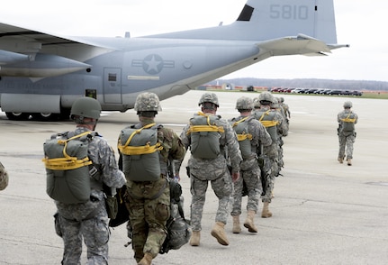 Soldiers with the U.S. Army Reserve’s, 412th Civil Affairs Battalion, Columbus, Ohio, walk out to a waiting U.S. Marine Corps, KC-130J aircraft from the 252 Marine Aerial Refueler Transport Squadron, Marine Aircraft Group 14, 2nd Marine Aerial Wing, Marine Corps Air Station, Cherry Point, N.C., to conduct a jump over Wright-Patterson Air Force Base, Ohio, March 19, 2016. Several units from around Wright-Patterson AFB provided support to the jump. (U.S. Air Force photo by Wesley Farnsworth/Released)