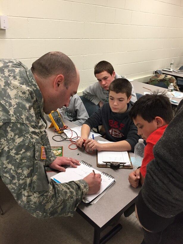 U.S. Army Reserve Staff Sgt. Joseph Stuart, with Detachment 1, 3rd Battalion, 80th Training Regiment (Signal), 100th Division instructs Boy Scouts from Troop 20, Middleboro, Mass. and Troop 31, Coventry, R.I. on basic electronics and soldering in preparation for the Boy Scout Electronics Merit Badge at the Cranston R.I. Army Reserve Center on March 12, 2016. (U.S. Amy photo by Capt. Yau-Liong Tsai/Released)