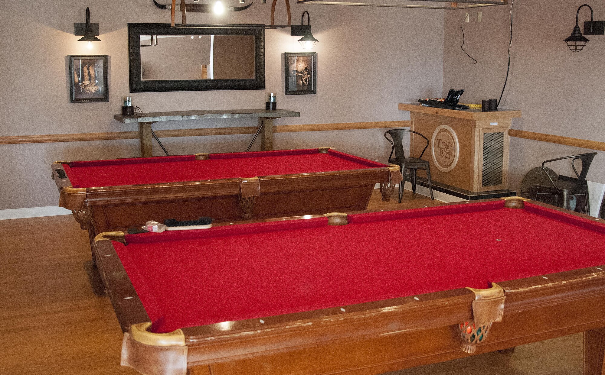 New pool tables in the newly renovated Trail's End Event Center await their inaugural players. The Wrangler's Lounge in the TEEC will have several Air Force Club activities. (U.S. Air Force photo by Senior Airman Jason Wiese)
