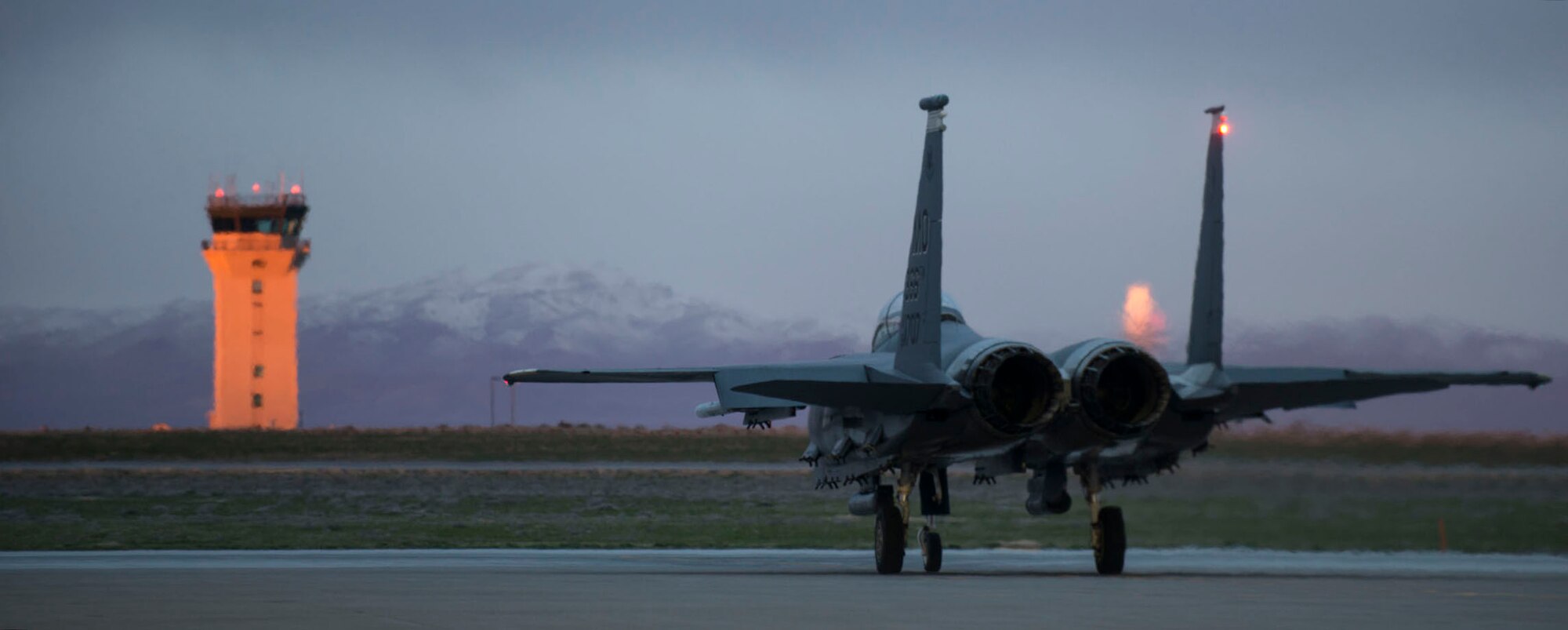 An F-15E Strike Eagle taxis to the runway March 15, 2016, at Mountain Home Air Force Base, Idaho. The F-15E was the first U.S. operational aircraft whose engines' thrust exceeded the plane's loaded weight, permitting it to accelerate even while in vertical climb. (U.S. Air Force photo by Senior Airman Malissa Lott/ RELEASED)