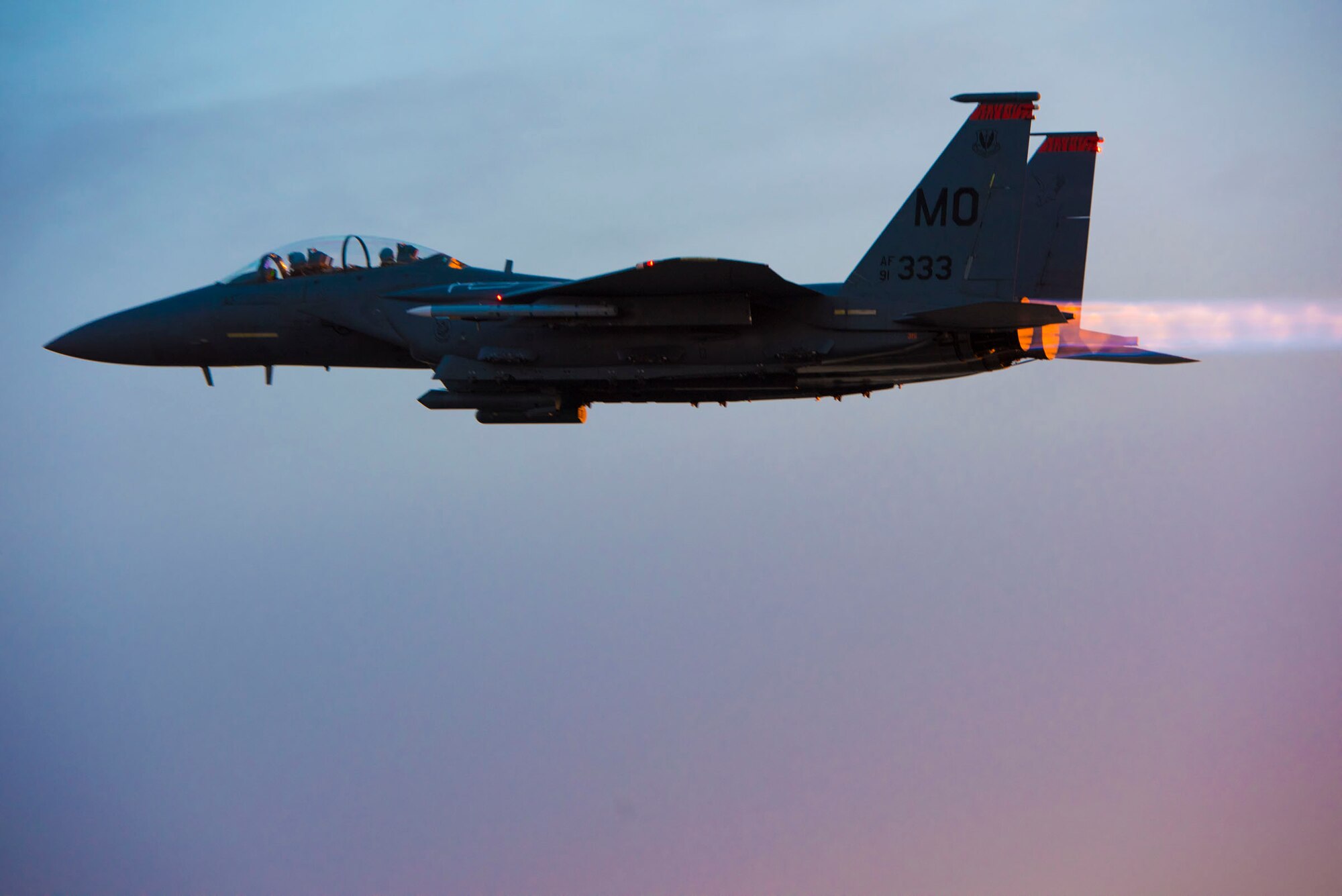 An F-15E Strike Eagle takes off from Mountain Home Air Force Base, Idaho, March 16, 2016. Pilots and weapons systems officers flew in a 72-hour readiness exercise. (U.S. Air Force photo by Airman Alaysia Berry/RELEASED)