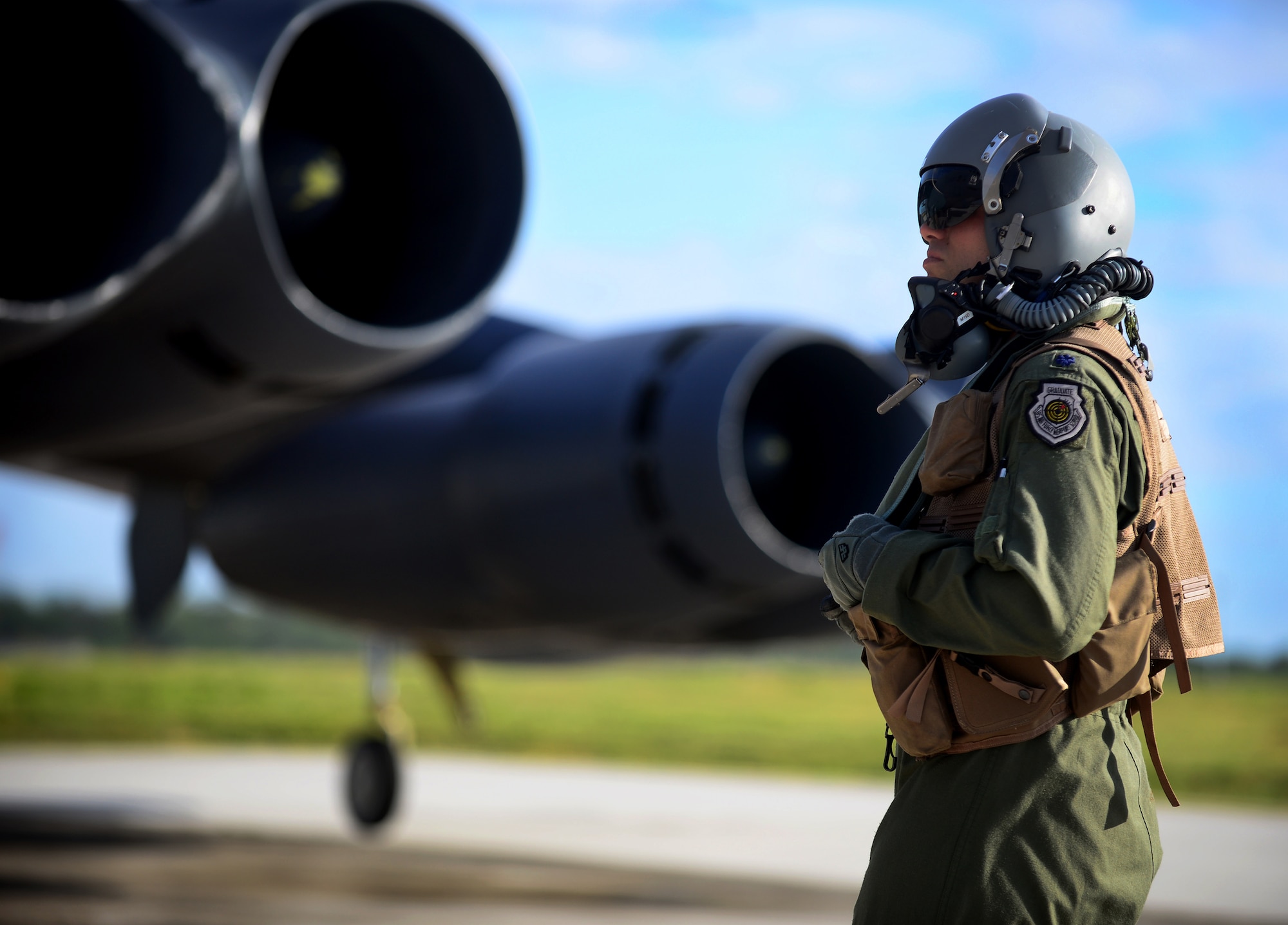 Lt. Col. Michael Maginness, 69th Expeditionary Bomb Squadron director of operations, prepares to board a B-52 Stratofortress March 21, 2016, at Andersen Air Force Base, Guam. The strategic global strike capability of B-52’s deters potential adversaries and provides reassurance to allies and partners that the U.S. is capable to defend its national security interests in the Indo-Asia-Pacific region. (U.S. Air Force photo by Senior Airman Joshua Smoot/Released)