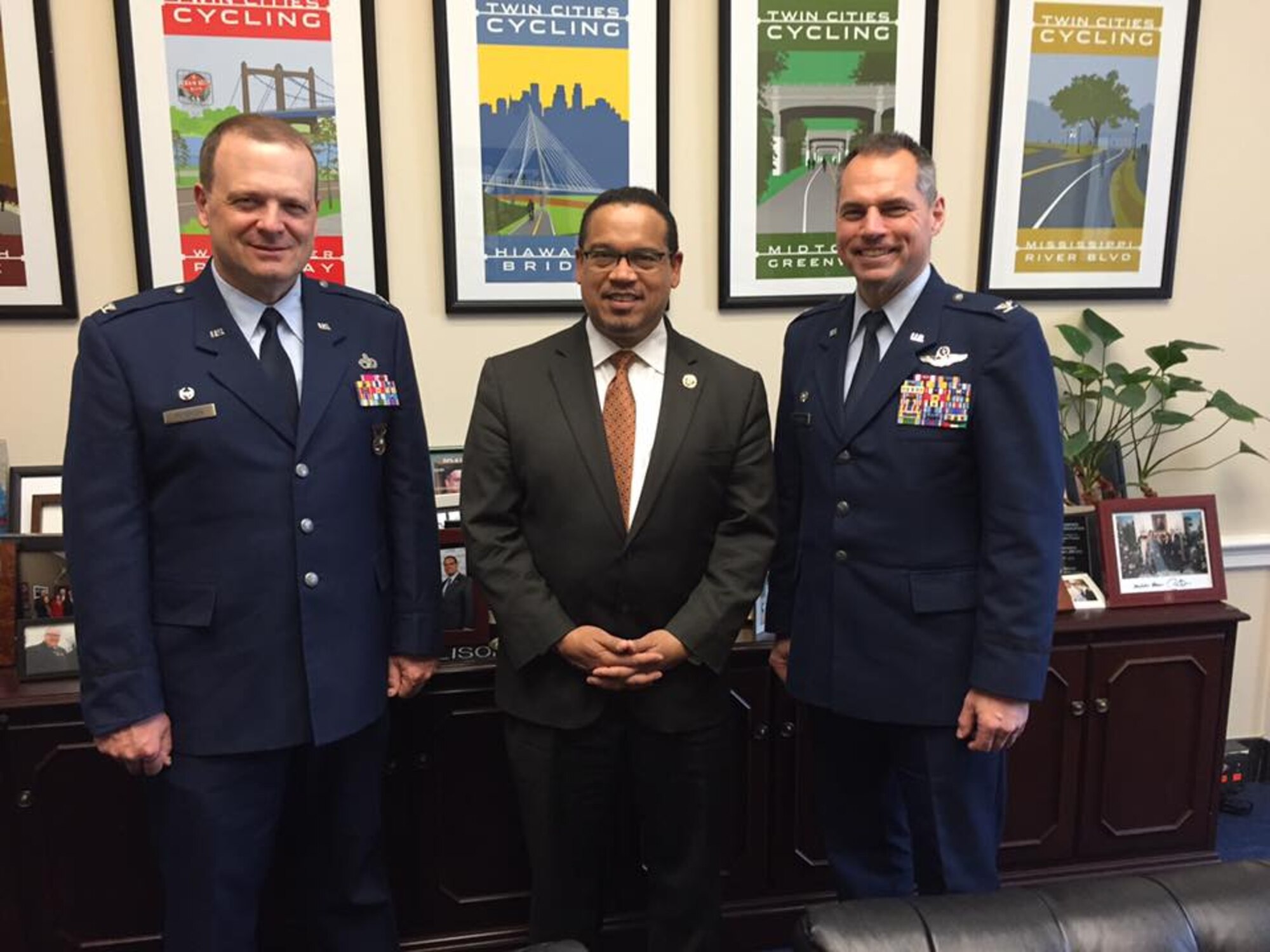 Advocating for the 934th Airlift Wing and the Air Force Reserve, Col. Anthony Polashek (right), 934th Airlift Wing commander, and Col. Craig Petersen (left), 934th Mission Support Group commander, meet with Congressman Keith Ellison (center) who represents Minnesota's 5th Congressional District in the U.S. House of Representatives during a Capitol Hill visit in Washington D.C. on March 15. (Air Force photo/Captain William-Joseph Mojica)

