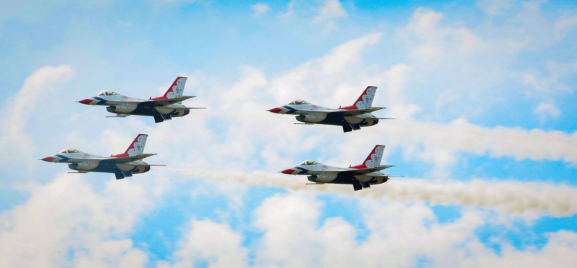 Four U.S. Air Force Thunderbirds perform an aerial demonstration for Tampa Bay AirFest 2016 at MacDill Air Force Base, Fla., March 20, 2016. MacDill was host to spectacular aerial demonstrations, static displays and featured the Thunderbirds, giving the Tampa Bay community the opportunity to witness firsthand the capabilities of the armed forces. (U.S. Air Force photo by Senior Airman Ned T. Johnston)