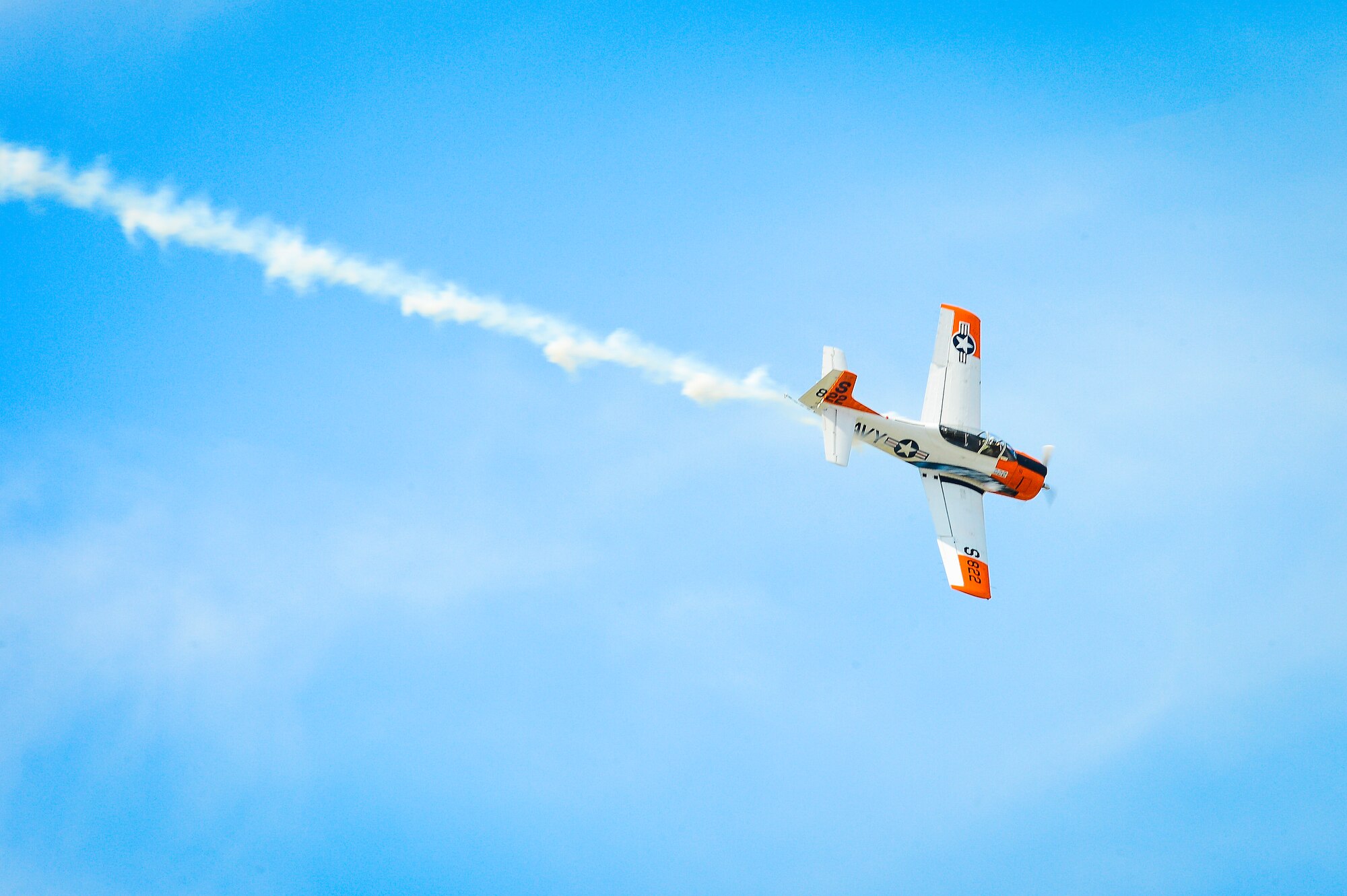 Jerry “Jive” Kerby maneuvers through the sky in a T-28 Trojan during Tampa Bay AirFest 2016 at MacDill Air Force Base, Fla., March 20, 2016. Kerby retired as a Lieutenant Colonel from the Air Force in 2006 after 23 years of service, with more than 3,400 hours in the F-15 Eagle and over 400 hours in the F-4 Phantom. (U.S. Air Force photo by Senior Airman Ned T. Johnston)