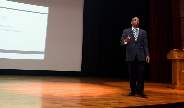 Dr. Robert Lemon, nationally recognized speaker and author, addresses Airmen during Wingman Day March 18, 2016, at the base theater on Joint Base Charleston – Air Base, S.C. The presentation focused on helping the audience understand how to clearly define goals, manage priorities and eliminate stress in decision making. (U.S. Air Force photo/Senior Airman Clayton Cupit)