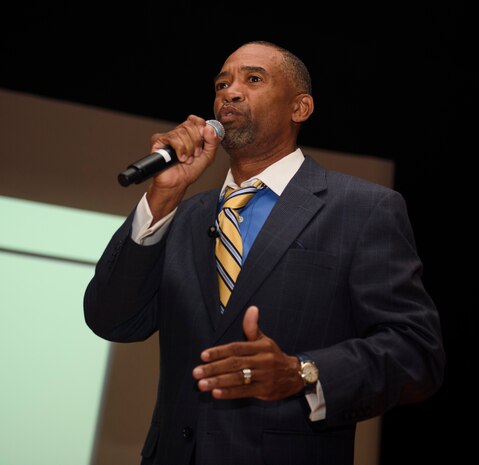 Dr. Robert Lemon, nationally recognized speaker and author, addresses Airmen during Wingman Day March 18, 2016, at the base theater on Joint Base Charleston – Air Base, S.C. The presentation focused on helping the audience understand how to clearly define goals, manage priorities and eliminate stress in decision making. (U.S. Air Force photo/Senior Airman Clayton Cupit)