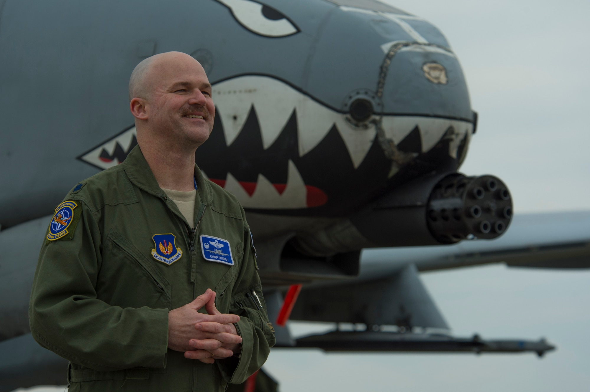 U.S. Air Force Lt. Col. Bryan France, 74th Expeditionary Fighter Squadron commander, speaks during a media interview next to a U.S. Air Force A-10 Thunderbolt II during the 74th EFS’s deployment in support of Operation Atlantic Resolve at Graf Ignatievo, Bulgaria, March 16, 2016. Approximately 350 Airmen from Moody Air Force Base, Ga., and Spangdahlem Air Base, Germany, deployed for six months to train alongside NATO allies to strengthen interoperability and to demonstrate U.S. commitment to the security and stability of Europe.  (U.S. Air Force photo by Staff Sgt. Joe W. McFadden/Released)