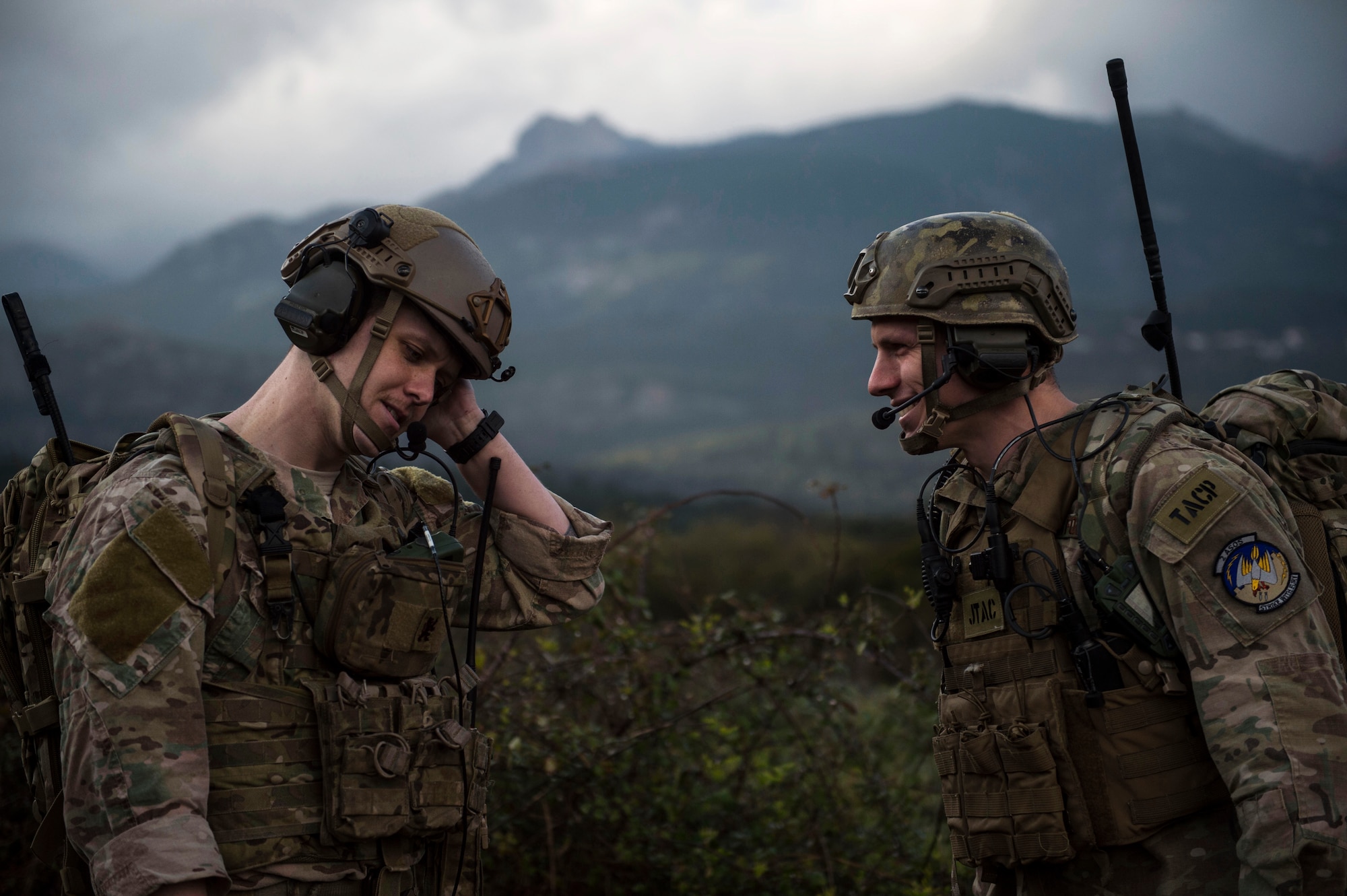 Senior Airman Tormod Lillekroken and Staff Sgt. Seth Hunt, 2nd Air Support Operations Squadron joint terminal attack controllers, talk about a training scenario during Exercise Serpentex ‘16 in Corsica, France, March 15, 2016. Approximately 215 U.S. Air Force Airmen, including four JTACs from the 2nd ASOS, participated in an annual exercise held at NATO’s tactical training center and the French air force’s Air Base 126 Solenzara . (U.S. Air Force photo/Staff Sgt. Sara Keller)