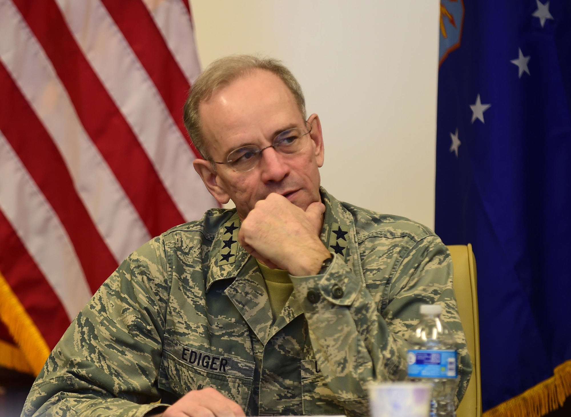 Lt. Gen. (Dr.) Mark A. Ediger, Surgeon General of the Air Force, listens to a briefing March 18, 2016, about the changes occurring with the Buckley medical facilities on Buckley Air Force Base, Colo. The 460th Medical Group dental clinic will provide easier access to dental care for military members and their families. (U.S. Air Force photo by Airman 1st Class Gabrielle Spradling/Released)