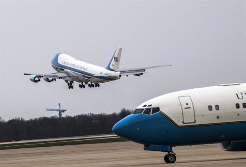 Air Force One departs Joint Base Andrews, Md., March 20, 2016, to transport President Barack Obama to Cuba. The 89th Airlift Wing owns two VC-25s, and when the president is on board, these jets assume the call sign Air Force One. (U.S. Air Force photo/Senior Master Sgt. Kevin Wallace)