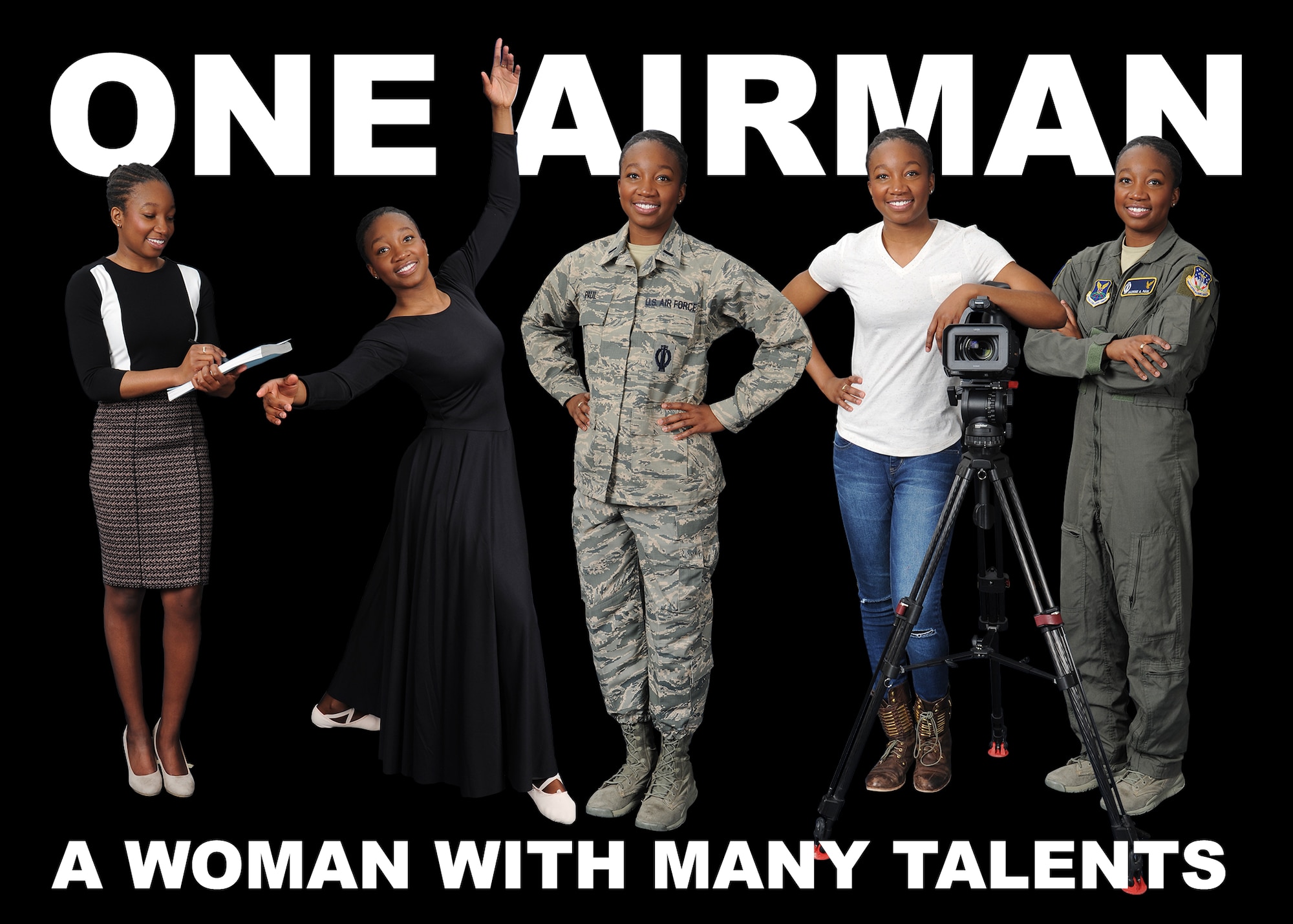 1st Lt. Jasmine Paul, 341st Operations Support Squadron intercontinental ballistic missile combat crew instructor, displays her many different talents March 17, 2016, at Malmstrom Air Force Base, Mont. Paul utilizes her many skills to improve the world around her, including writing a memoir as a first generation American citizen and starting a nonprofit organization to benefit high school seniors searching for college education. (U.S. Air Force illustration/Beaumont Wade and Senior Airman Jaeda Tookes)