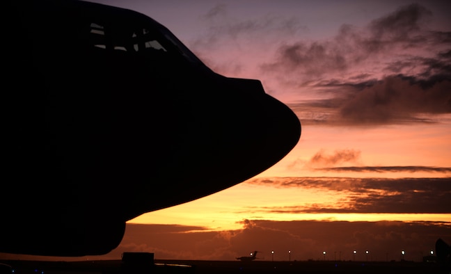 A B-52 Stratofortress sits on the flightline March 21, 2016, at Andersen Air Force Base, Guam. The strategic global strike capability of B-52’s deters potential adversaries and provides reassurance to allies and partners that the U.S. is capable to defend its national security interests in the Indo-Asia-Pacific region. (U.S. Air Force photo by Senior Airman Joshua Smoot/Released)