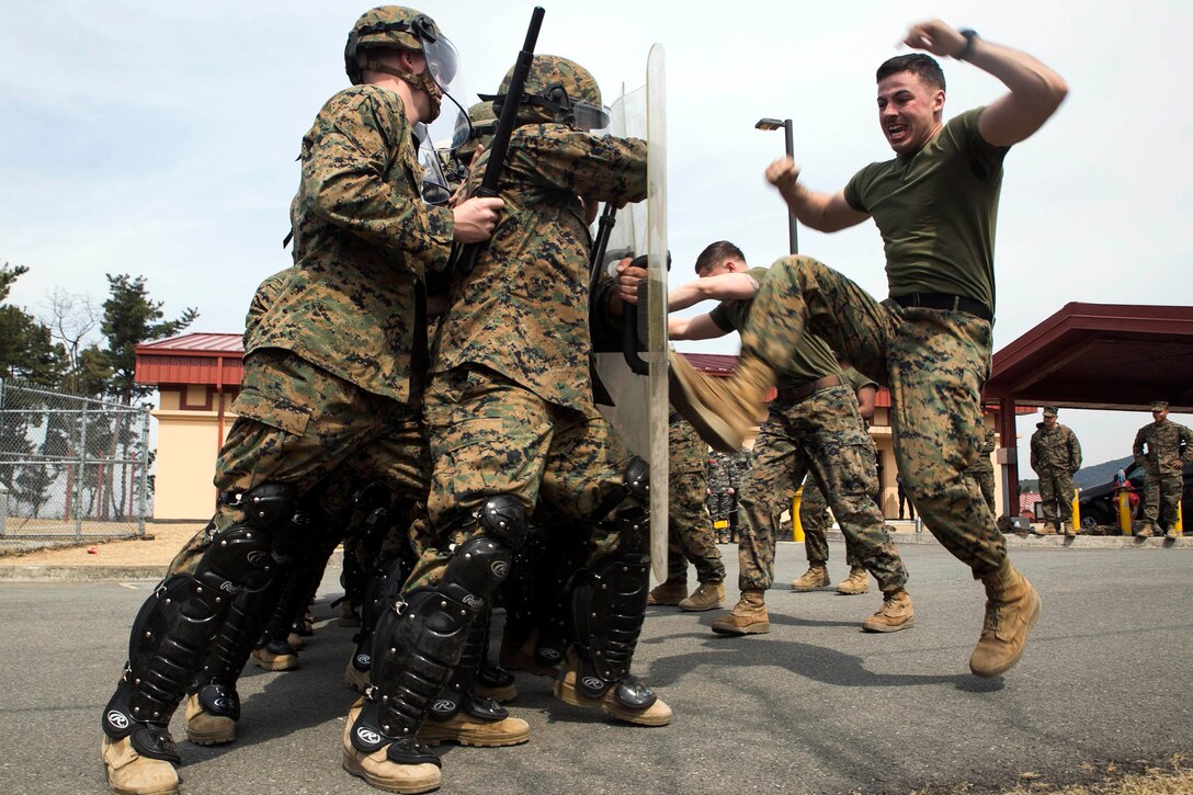 Marine Corps Cpl. Robert T. Sweeney role-plays as an aggressor during training for riot control as part of Exercise Ssang Yong 16 on Camp Mujuk, South Korea, March 17, 2016. Sweeney is a military policeman with Charlie Company, 3rd Law Enforcement Battalion. Marine Corps photo by Staff Sgt. Jesse Stence
