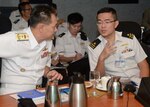 160319-N-CZ848-017
CHANGI, Singapore (Mar. 19, 2016) – First Adm. Dato’ Ong Thiam Hock, Deputy Fleet Commander, Royal Malaysian Navy, left, and Rear Adm. Lew Chuen Hong, Fleet Commander, Republic of Singapore Navy speak during multilateral talks between the U.S., Republic of Singapore, Tentara Nasional Indonesia-Angkatan Laut, Royal Malaysian and Philippine navies aboard USS Blue Ridge (LCC 19). The multilateral talks are being held to enhance cooperation and strengthen relationships to best provide security and stability in the Indo-Asia Pacific. (U.S. Navy photo by Mass Communication Specialist 2nd Class Jason Kofonow/Released)