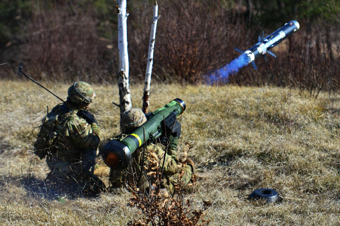 U.S. Army Spc. Fernando Jimenez, right, engages a target with a Javelin shoulder fired anti-tank missile during a live-fire as part of Exercise Rock Sokol at Pocek Range in Postonja, Slovenia, March 9, 2016. Jimenez is a paratrooper assigned to the 2nd Battalion, 503rd Infantry Regiment, 173rd Airborne Brigade Combat Team. Exercise Rock Sokol is a bilateral training exercise focused on small-unit tactics and building on previous lessons learned, forging the bonds and enhancing readiness between the U.S. Army's 173rd Airborne Brigade Combat Team and Slovenian armed forces. Army photo by Paolo Bovo