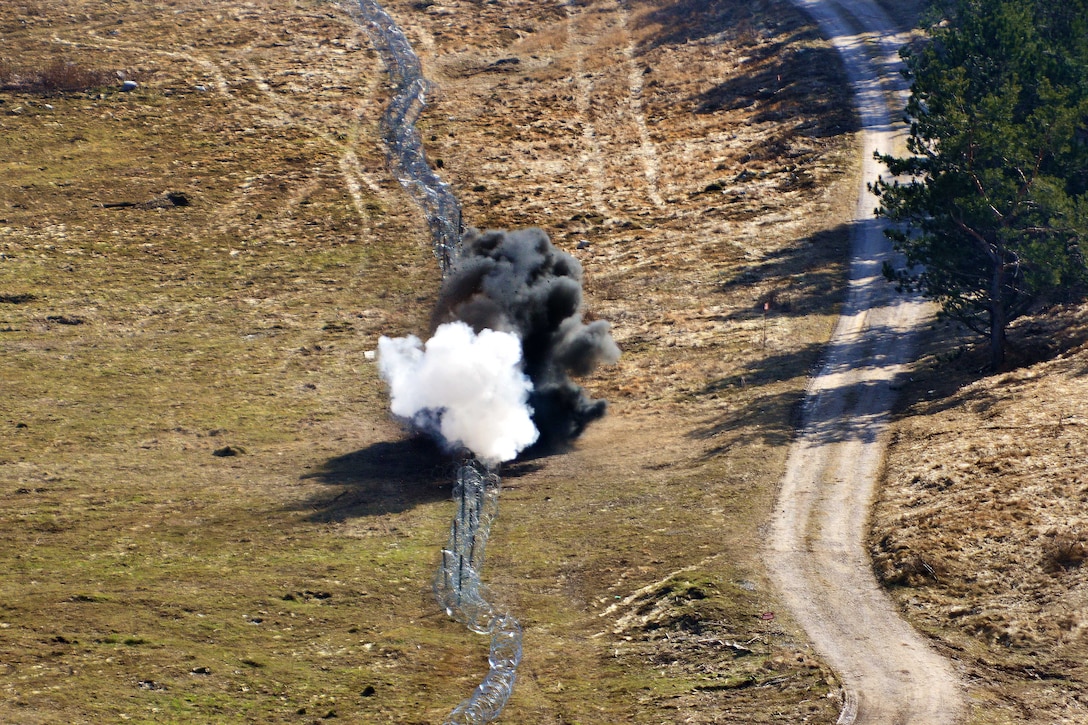 U.S. soldiers detonate an explosive charge to open a breach during a live-fire exercise as part of Exercise Rock Sokol at Pocek Range in Postonja, Slovenia, March 9, 2016. Army photo by Paolo Bovo