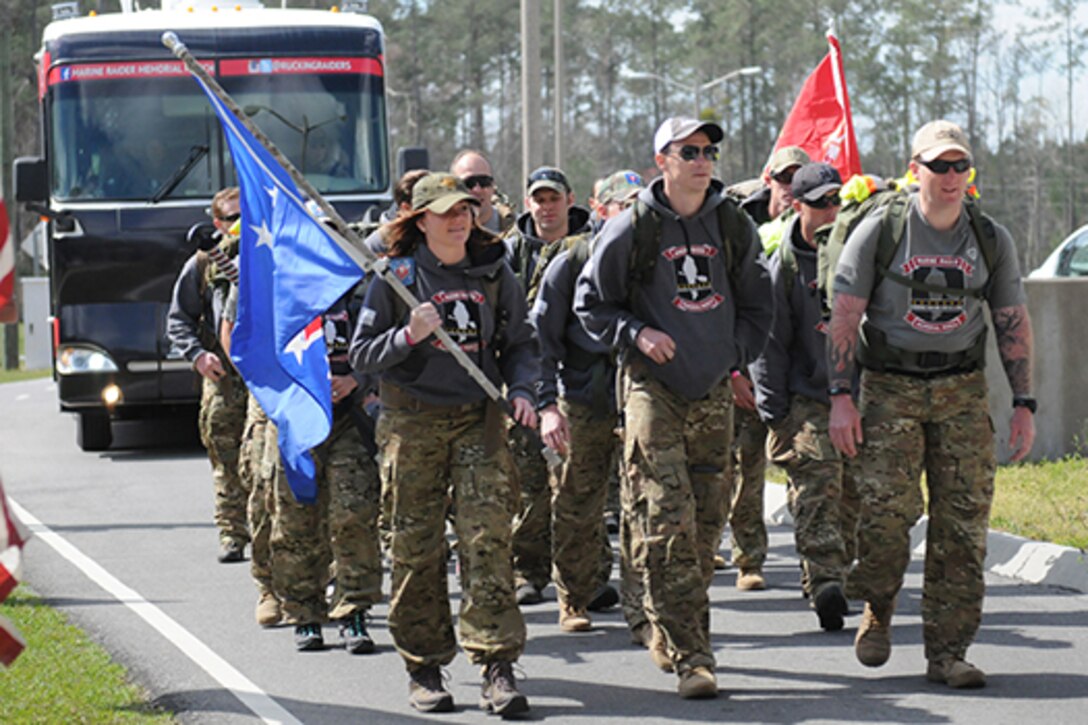 The Rucking Raiders bring their 770-mile journey to an end as they march into Camp Lejeune, N.C. DoD photo by Katie Lange 