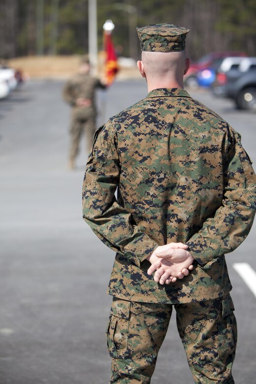 Cpl. Joseph Currey stands in front of a formation during an award ceremony at Marine Corps Air Station Cherry Point, N.C., March 1, 2016. Currey was awarded the Navy and Marine Corps Commendation Medal for his actions after witnessing an ambulance wreck. Currey demonstrated his devotion to serving others as he placed the well-being of the injured personnel above his own by running towards the scene of an accident and rendering aide to those need. Currey is an air support operations operator with Marine Aviation Support Squadron 1. (U.S. Marine Corps photo by Cpl. Austin A. Lewis, U.S. Marine Corps caption by Cpl. N.W. Huertas/Released)