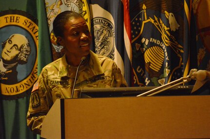 Command Sgt. Maj. Sharon Campbell delivers her first speech as the command sergeant major of the 94th Training Division during a change of responsibility ceremony at Fort Lee, Va., March 18, 2016. Campbell is the 94th TD’s first female command sergeant major. The command sergeant major is the commander’s primary advisor and sets the standard across the command for enlisted Soldiers. Campbell will now be responsible for the Soldiers’ performance, training, appearance and conduct. She’ll also be providing direction and guidance to more than 35 other command sergeants major assigned to subordinate units.