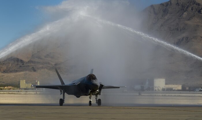 Maj. Gen. Jay Silveria, United States Air Force Warfare Center commander, begins to taxi an F-35A Lightning II back to the hangar at the end of his final flight at Nellis Air Force Base, Nev., March 10, 2016. As a pilot retires or leaves a squadron, the last flight in the aircraft is known as a fini flight. (U.S. Air Force photo by Airman 1st Class Kevin Tanenbaum)