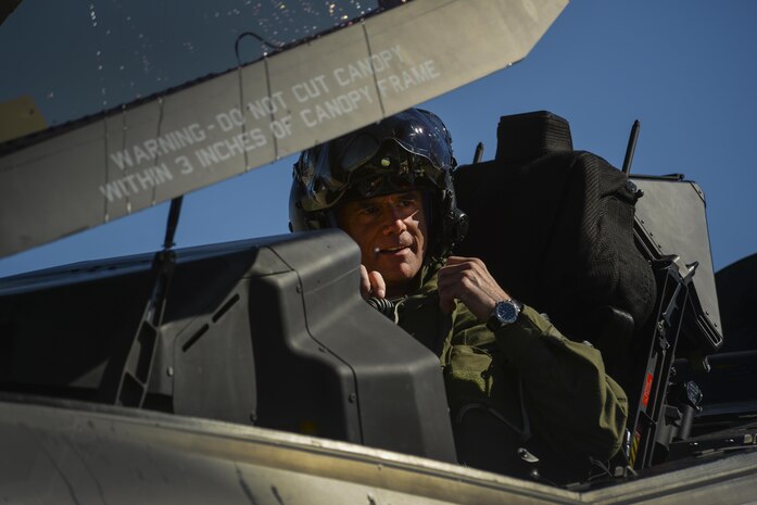 Maj. Gen. Jay Silveria, United States Air Force Warfare Center commander, prepares to exit the cockpit of an F-35A Lightning II after his final flight at Nellis Air Force Base, Nev., March, 10 2016. General Silveria has flown combat sorties over the Balkans and Iraq and served as Vice Commander at Bagram Air Base in Afghanistan. (U.S. Air Force photo by Airman 1st Class Kevin Tanenbaum)