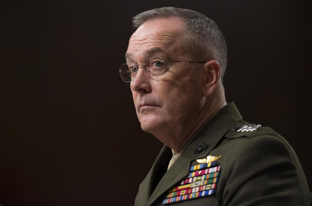Marine Corps Gen. Joseph F. Dunford Jr., chairman of the Joint Chiefs of Staff, testifies before the Senate Armed Services Committee, March 17, 2016. Dunford and Defense Secretary Ash Carter testified today on the fiscal year 2017 defense budget request before the House Armed Services Committee. DoD photo by Navy Petty Officer 2nd Class Dominique A. Pineiro
