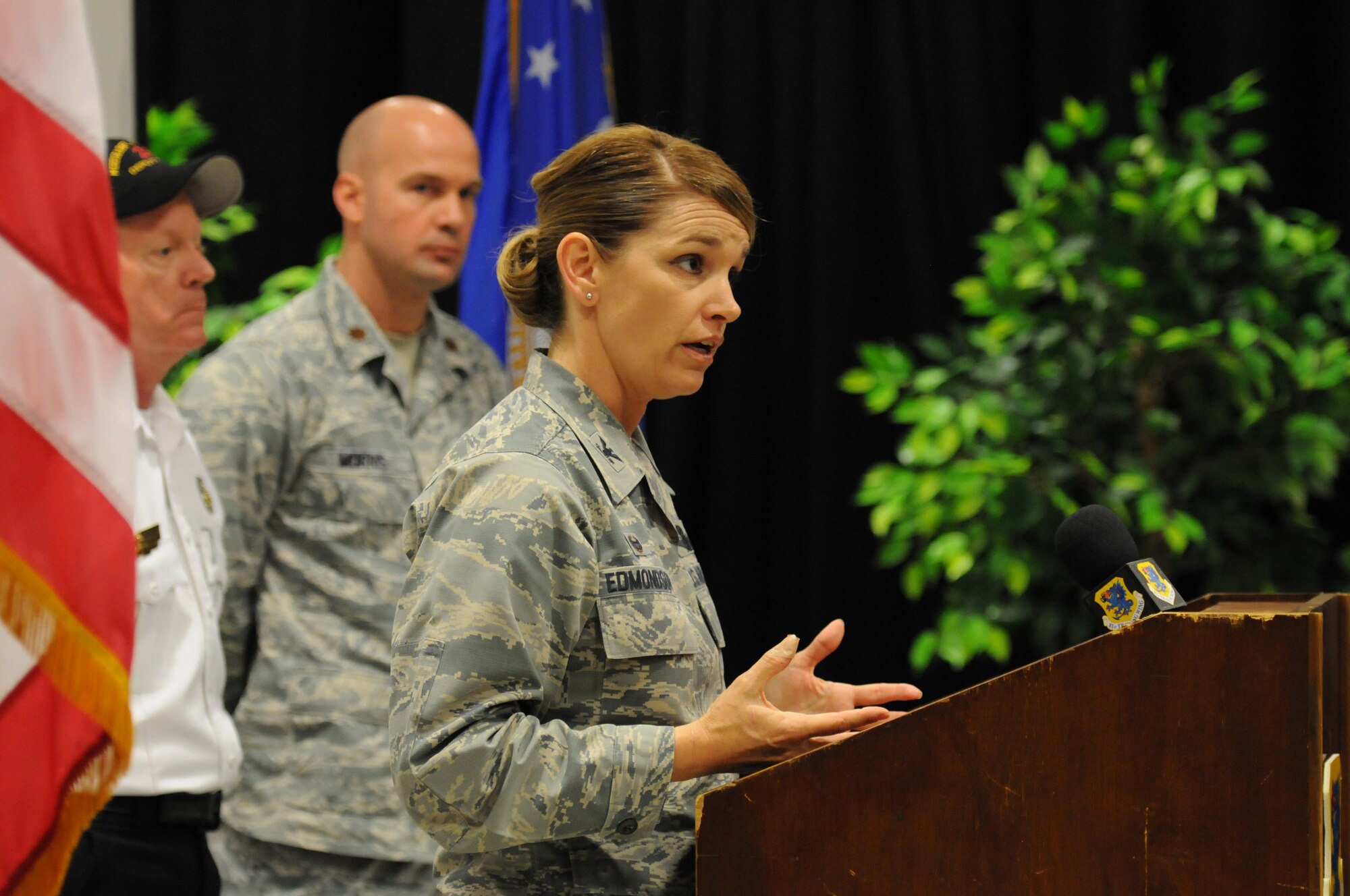Col. Michele Edmondson, 81st Training Wing commander, makes a statement during a mock press conference at Wall Studio during Keesler's active shooter exercise Mar. 17, 2016, Keesler Air Force Base, Miss.  An active duty Air Force member simulated opening fire at the hospital in order to test the base's ability to respond to and recover from a mass casualty event. (U.S. Air Force photo by Kemberly Groue) 