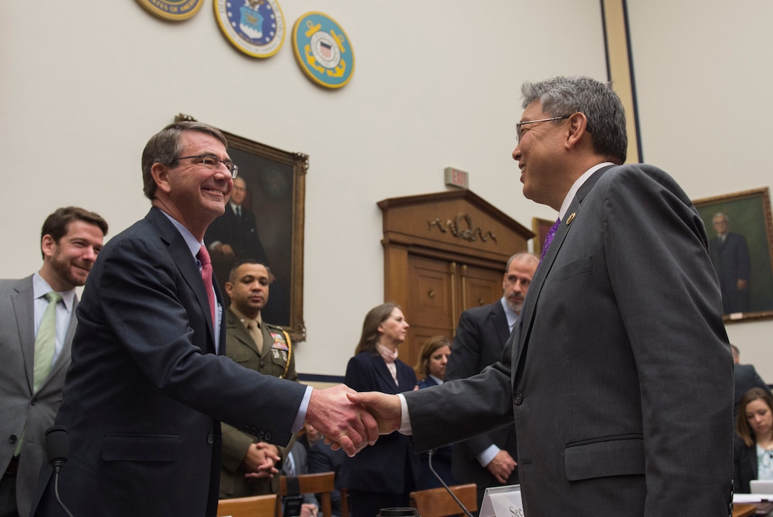 Defense Secretary Ash Carter arrives for a hearing before the House Armed Services Committee in Washington, D.C., March 22, 2016, to testify on the Defense Department's proposed fiscal year 2017 budget. DoD photo by Air Force Senior Master Sgt. Adrian Cadiz
