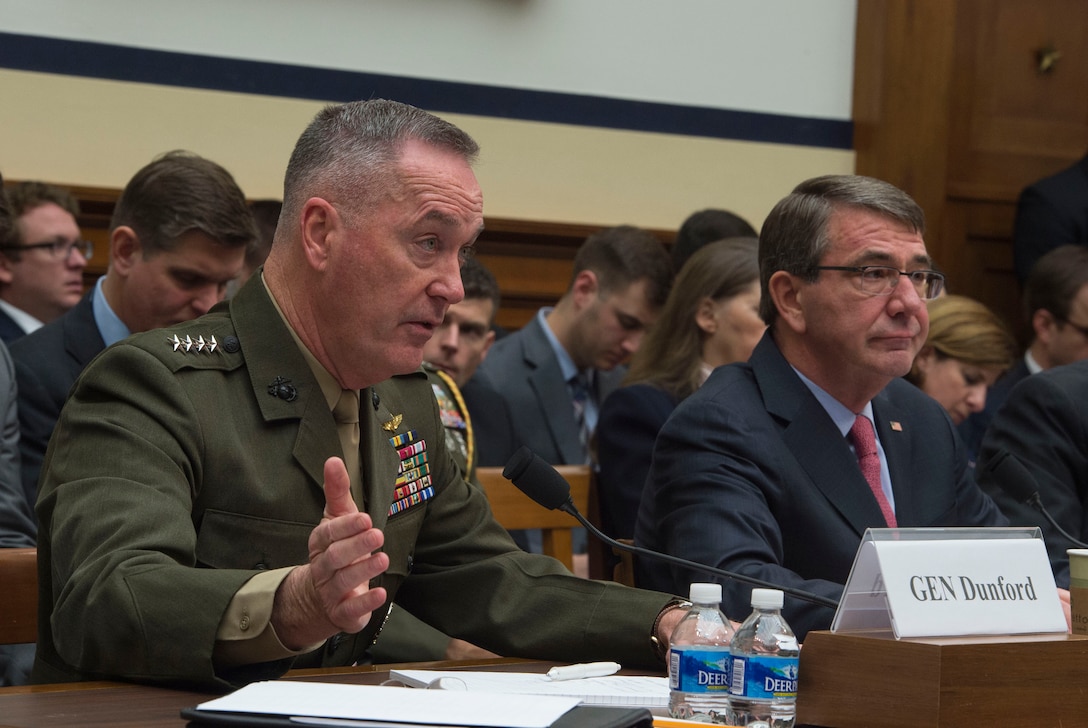 Marine Corps Gen. Joseph F. Dunford Jr., chairman of the Joint Chiefs of Staff, testifies on the Defense Department's proposed fiscal year 2017 budget as Defense Secretary Ash Carter listens before the House Armed Services Committee in Washington, D.C., March 22, 2016. DoD photo by Air Force Senior Master Sgt. Adrian Cadiz