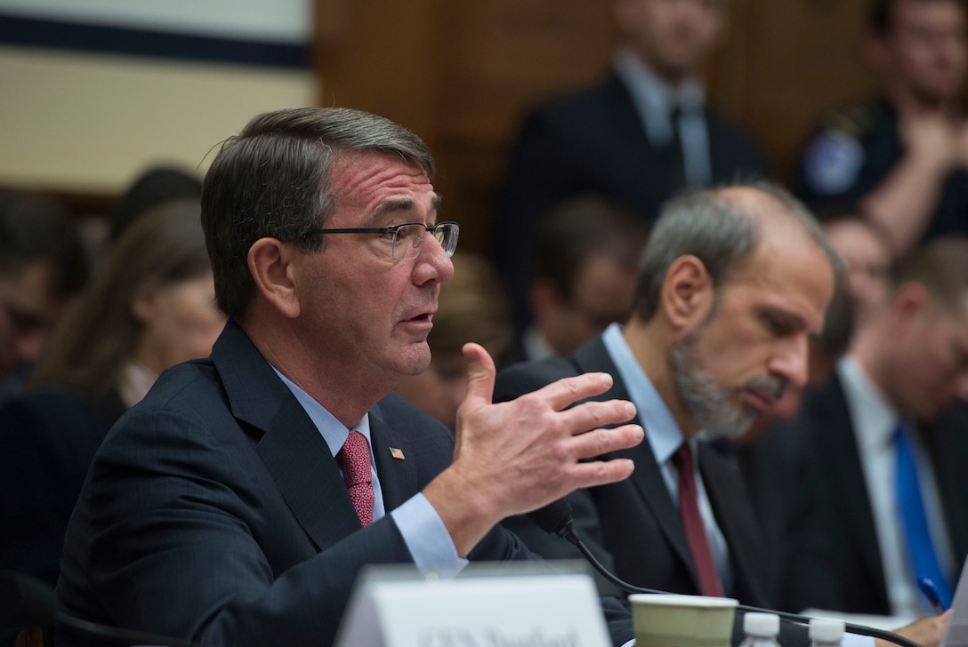 Defense Secretary Ash Carter testifies on the Defense Department's proposed fiscal year 2017 budget before the House Armed Services Committee in Washington, D.C., March 22, 2016. DoD photo by Air Force Senior Master Sgt. Adrian Cadiz