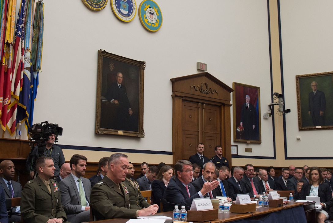Defense Secretary Ash Carter testifies on the Defense Department's proposed fiscal year 2017 budget as Marine Corps Gen. Joseph F. Dunford Jr., chairman of the Joint Chief of Staff, and Mike McCord, the department's comptroller, look on before the House Armed Services Committee in Washington, D.C., March 22, 2016. DoD photo by Air Force Senior Master Sgt. Adrian Cadiz