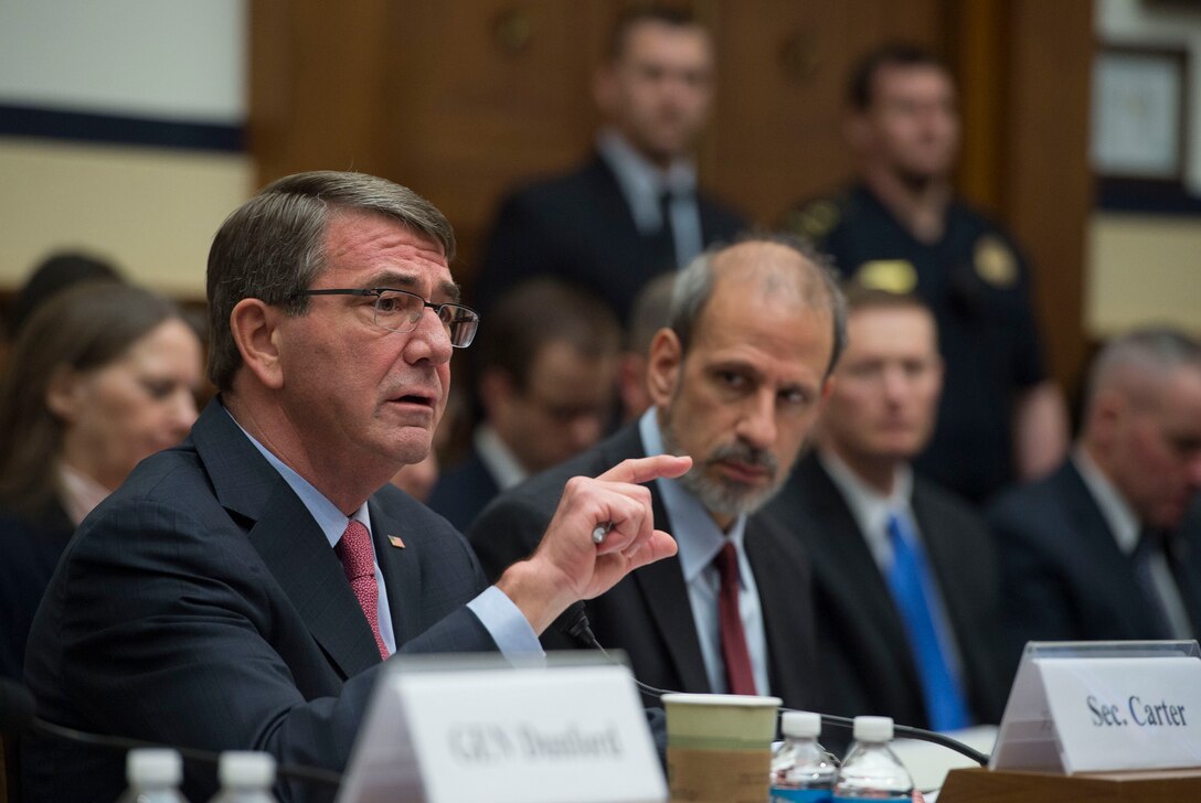 Defense Secretary Ash Carter, left, testifies on the Defense Department's proposed fiscal year 2017 budget as Mike McCord, the department's comptroller, looks on before the House Armed Services Committee in Washington, D.C., March 22, 2016. DoD photo by Air Force Senior Master Sgt. Adrian Cadiz