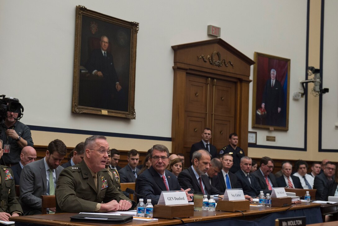 Marine Corps Gen. Joseph F. Dunford Jr., chairman of the Joint Chiefs of Staff, testifies on the Defense Department's proposed fiscal year 2017 budget as Defense Secretary Ash Carter, center, and Mike McCord, the department's comptroller, listen before the House Armed Services Committee in Washington, D.C., March 22, 2016. DoD photo by Air Force Senior Master Sgt. Adrian Cadiz
