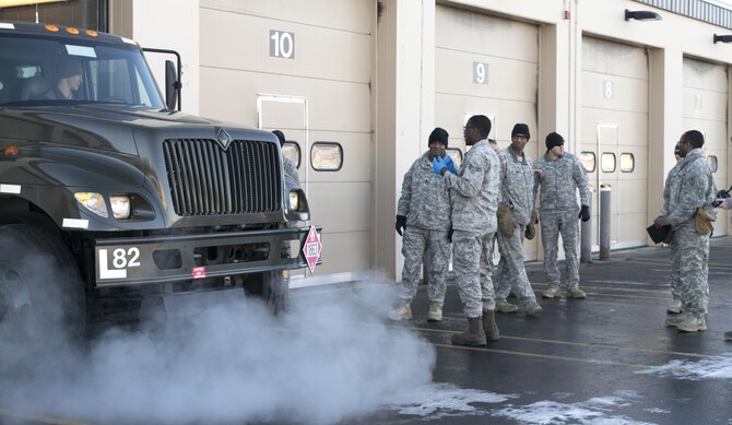 U.S. Air Force Airmen and U.S. Army Soldiers gathered for training March 1, 2016, at Eielson Air Force Base, Alaska. Airmen from the 354th Logistics Readiness Squadron fuels operations flight gave briefings on the different sections of the flight and how they differ from the Army’s fuels operations. (Courtesy  photo by U.S. Air Force Airman 1st Class Amber Crain/Released)