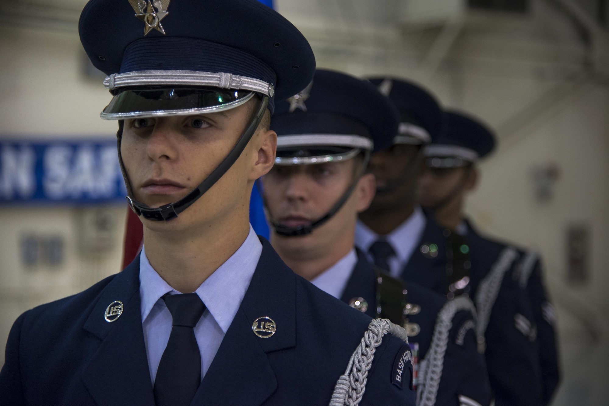 U.S. Air Force Airmen from Moody’s Base Honor Guard wait for a ceremony to begin, March 22, 2016, at Moody Air Force Base, Ga. The Air Force Office of Special Investigations honored Master Sgt. Aaron Frederick and Staff Sgt. Bradley Mock, 824th Base Defense Squadron, for their brave actions after a deadly suicide bombing, Dec. 21, 2015, at Bagram Air Field, Afghanistan. (U.S. Air Force photo by Airman 1st Class Janiqua P. Robinson/Released)