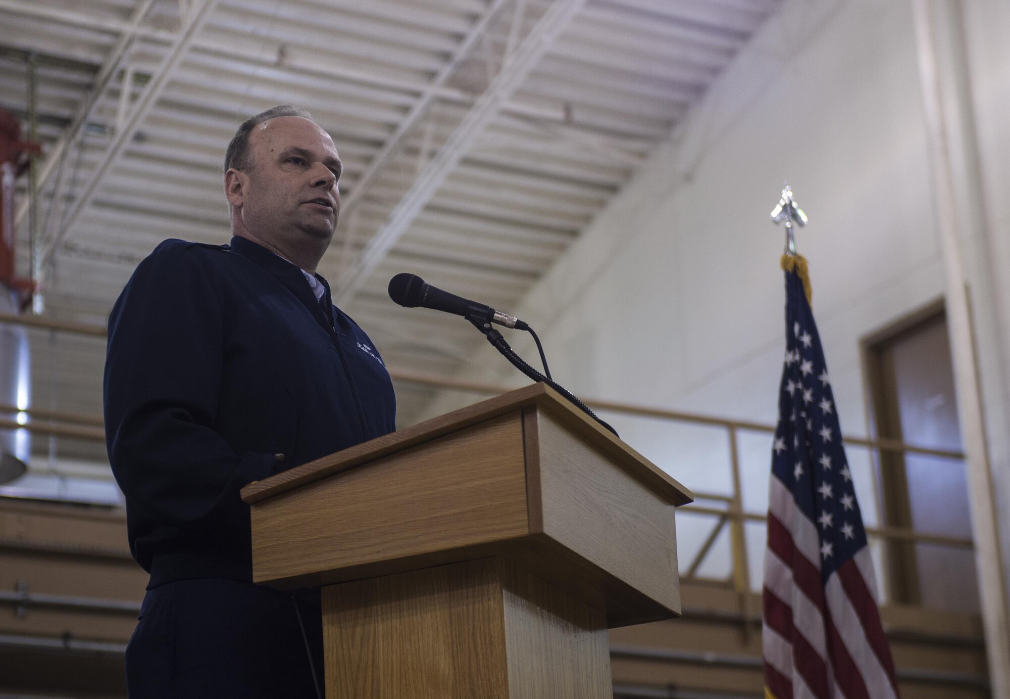 U.S. Air Force Brig. Gen. Keith Givens, Air Force Office of Special Investigations commander, speaks during a ceremony, March 22, 2016, at Moody Air Force Base, Ga. AFOSI leadership visited Moody to honor Master Sgt. Aaron Frederick and Staff Sgt. Bradley Mock, 824th Base Defense Squadron, who served in the Tactical Security Element, Task Force Crimson, during a deadly suicide bombing, Dec. 21, 2015, at Bagram Air Base, Afghanistan. (U.S. Air Force photo by Staff Sgt. Olivia Dominique/Released)
