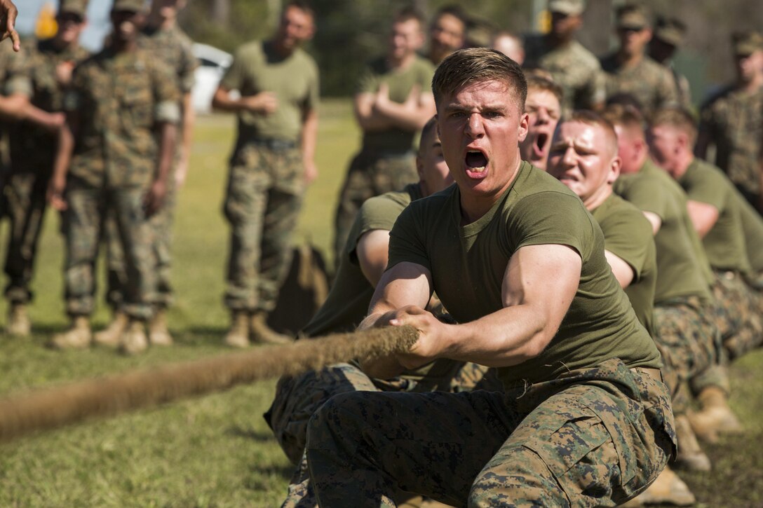 Marines participate in tug-of-war competition during a field meet at Ellis Field at Camp Lejeune, N.C., March 17, 2016. The Marines are assigned to the Marine Corps Engineer School, which holds a field meet annually to promote competition. Marine Corps photo by Lance Cpl. Tyler W. Stewart